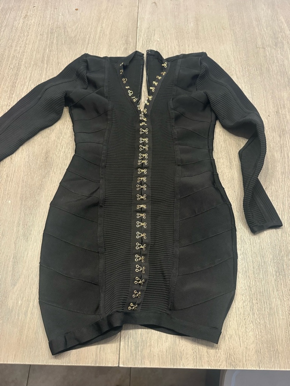 Black Long-Sleeve Hook-Front Bodycon Dress